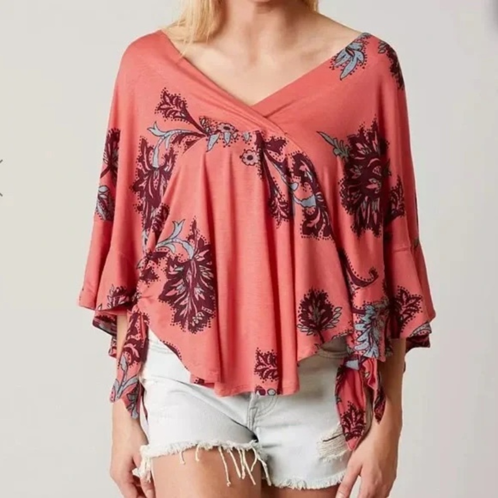 Free People Maui Wowie Passion Flower Pink Floral Tie Sides Vneck Top Sz M